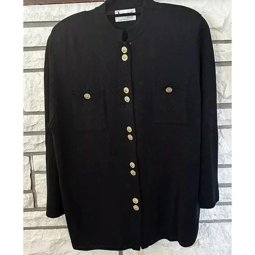 VTG Laura By Alyzia Womens Black Military Gold Button Sweater Jacket USA X/XL